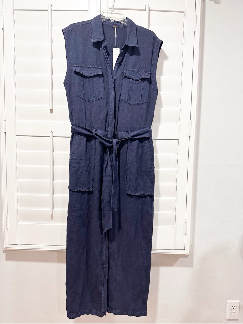 Young Fabulous & Broke Navy Linen Blend Sleeveless Utility Jumpsuit Size L NWT
